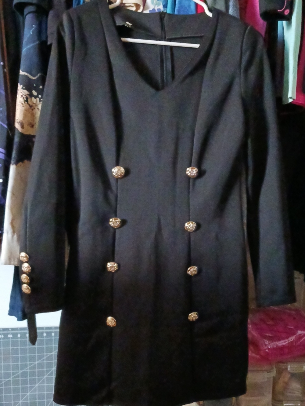 Black Long-Sleeve Double-Breasted Dress with Gold Buttons